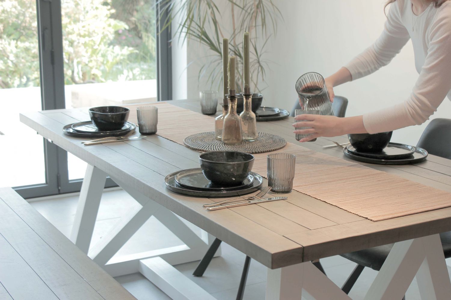 Grey Reclaimed Wood 160cm Rectangular Dining Table with White Cross Base