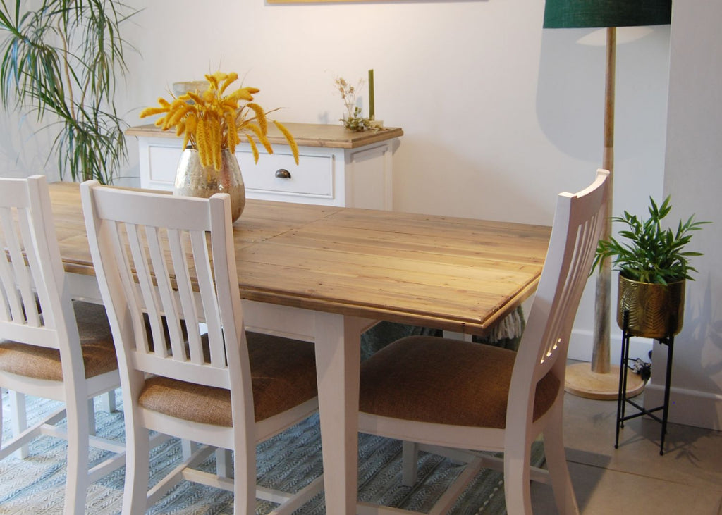 Rustic Wood Top Extending Dining Table with White Painted Frame