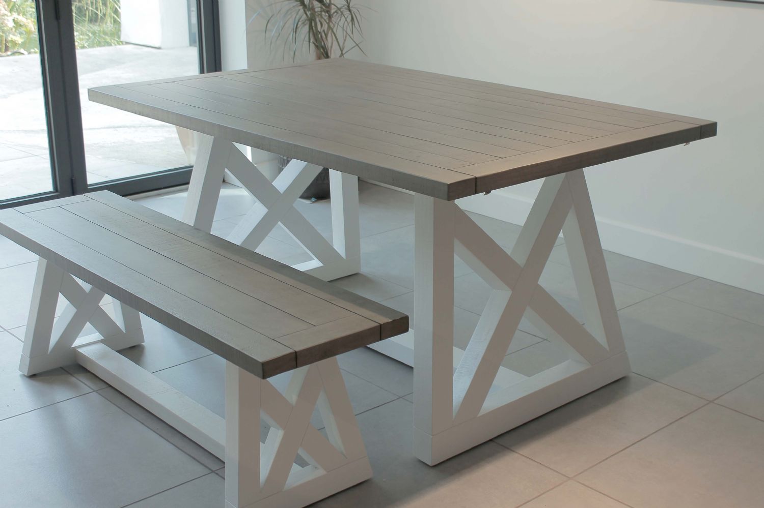 Grey Reclaimed Wood 160cm Rectangular Dining Table with White Cross Base