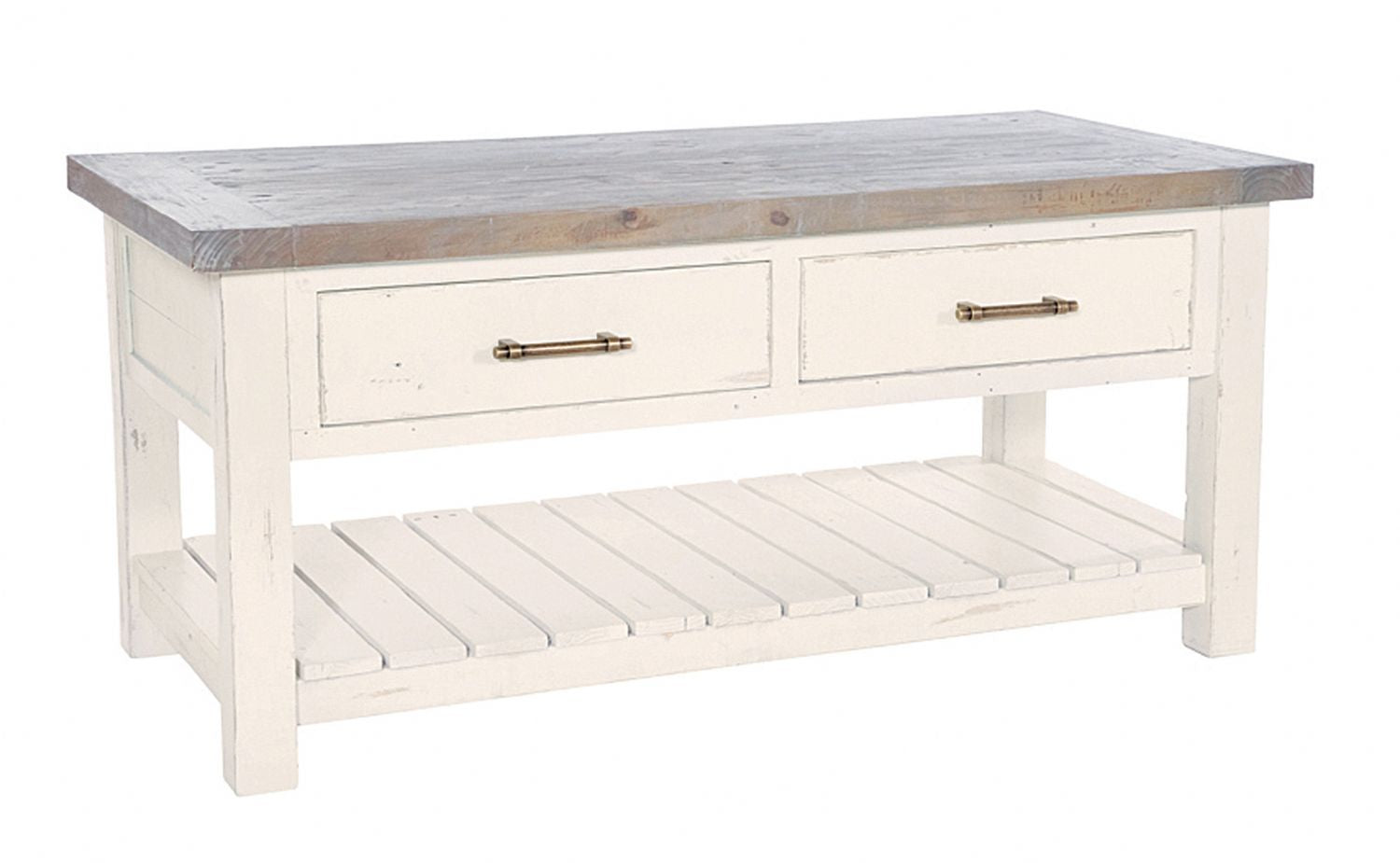 Coastal White Reclaimed Wood 2 Drawer Coffee Table with Shelf