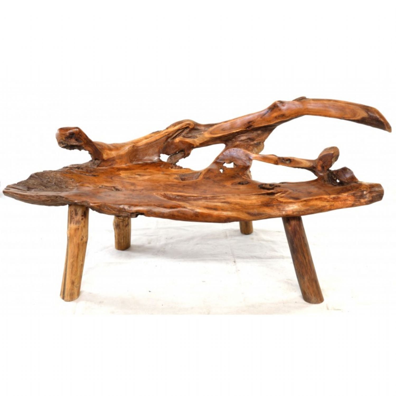 Natural Teak Root Organic Carved Medium Bench
