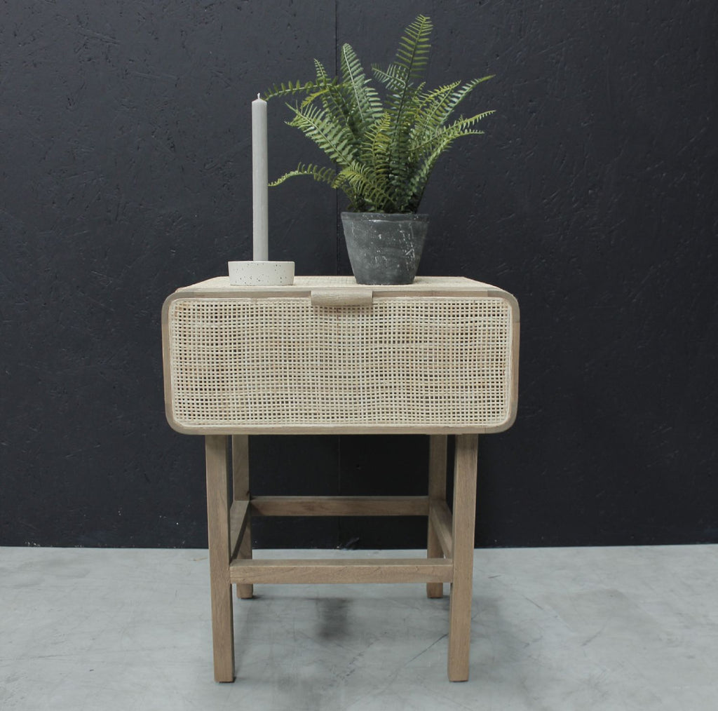 Boho Chic Rattan Teak Wood Bedside Cabinet with Storage