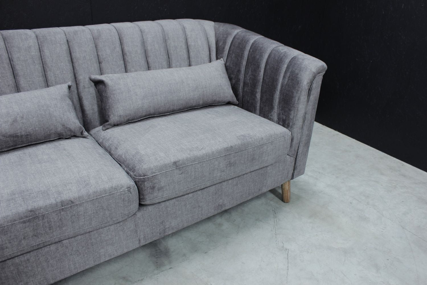Modern Grey Velvet Fabric Upholstered 2 Seater Sofa with Ribbed Backrest