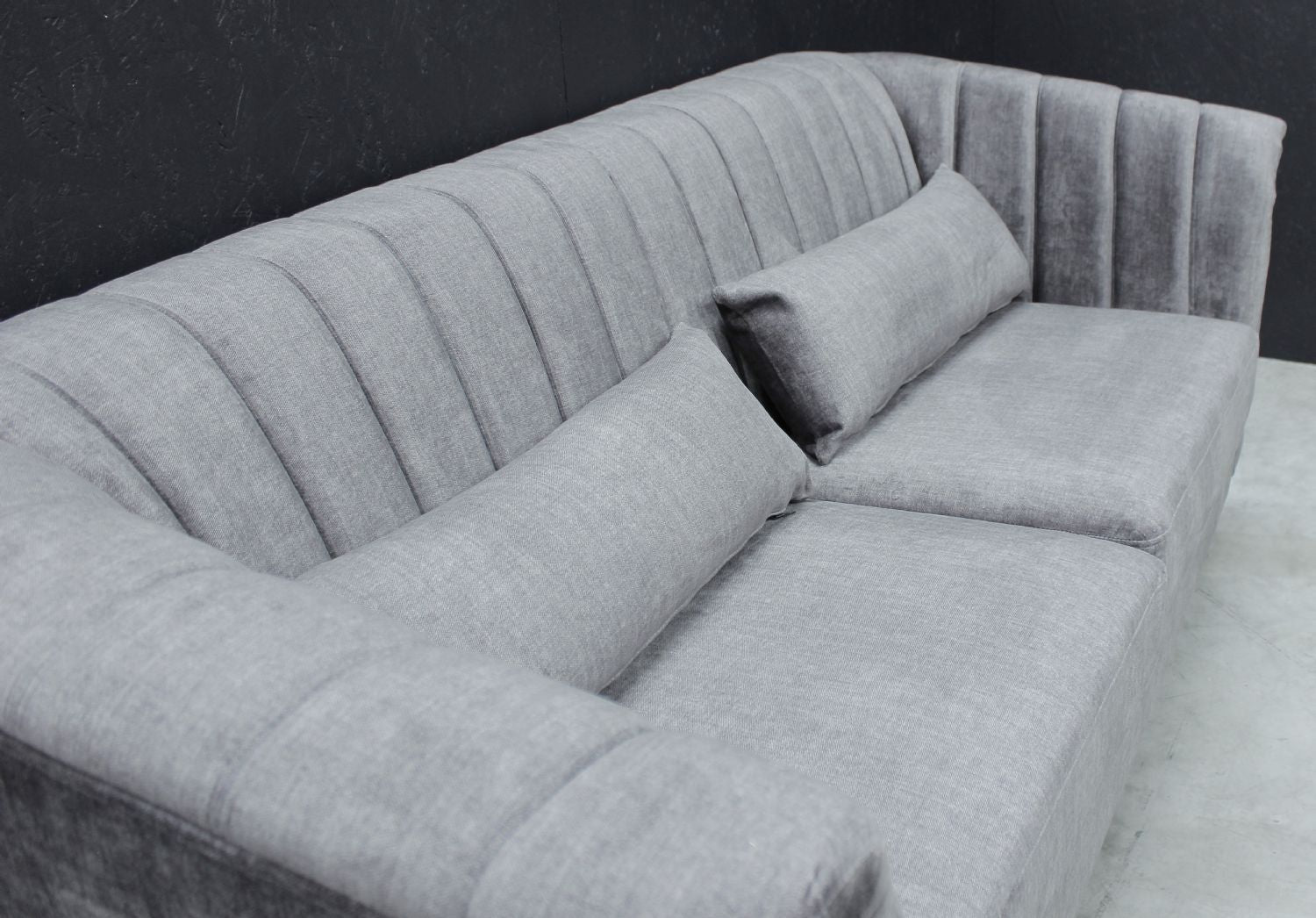 Modern Grey Velvet Fabric Upholstered 2 Seater Sofa with Ribbed Backrest