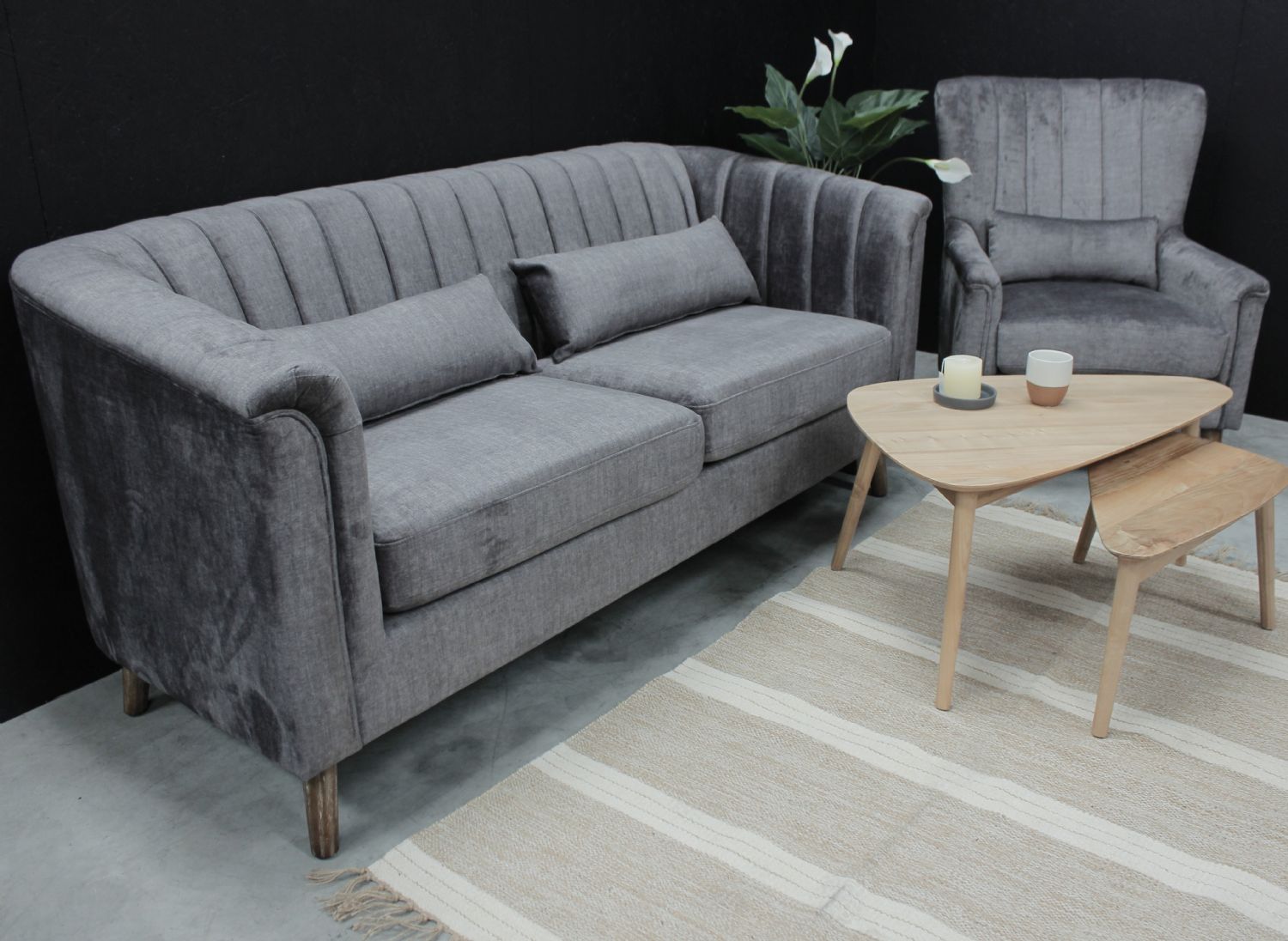Modern Grey Velvet Fabric Upholstered 2 Seater Sofa with Ribbed Backrest