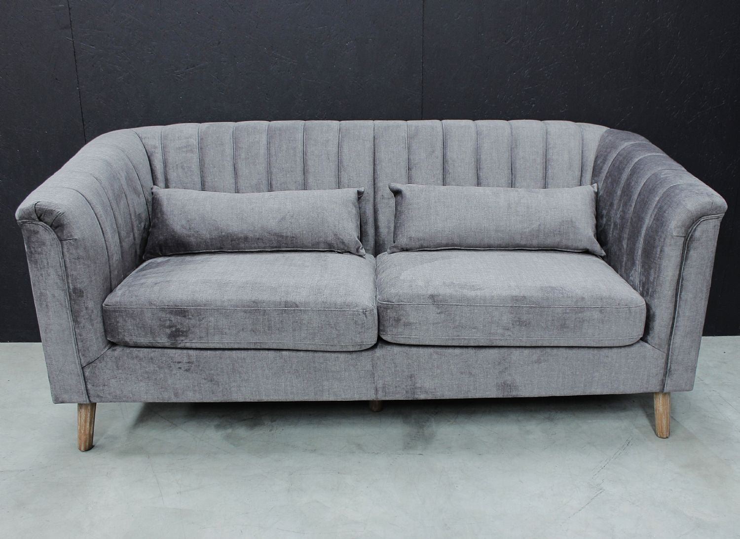 Modern Grey Velvet Fabric Upholstered 3 Seater Sofa with Ribbed Backrest