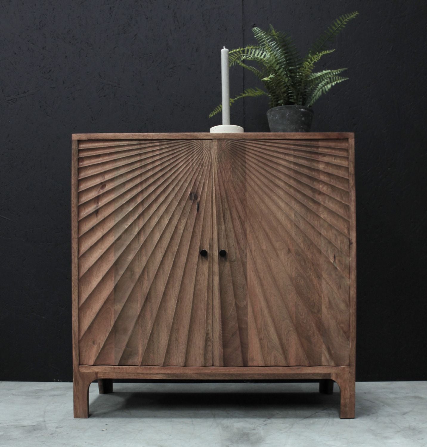 Brown Sunburst Pattern Carved Mango Wood Sideboard