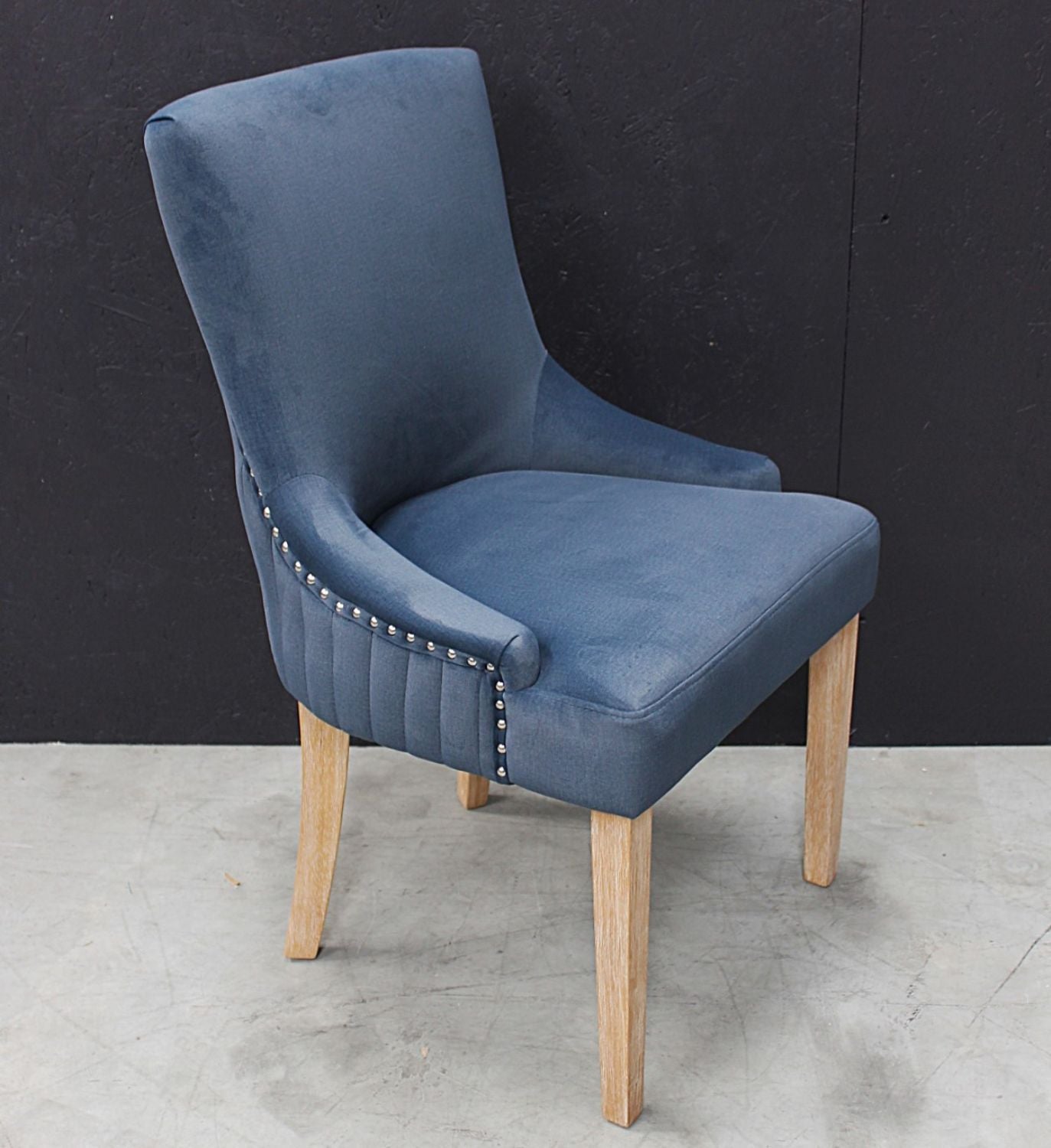 Modern Blue Velvet Upholstered Dining Chair with Limed Oak Legs