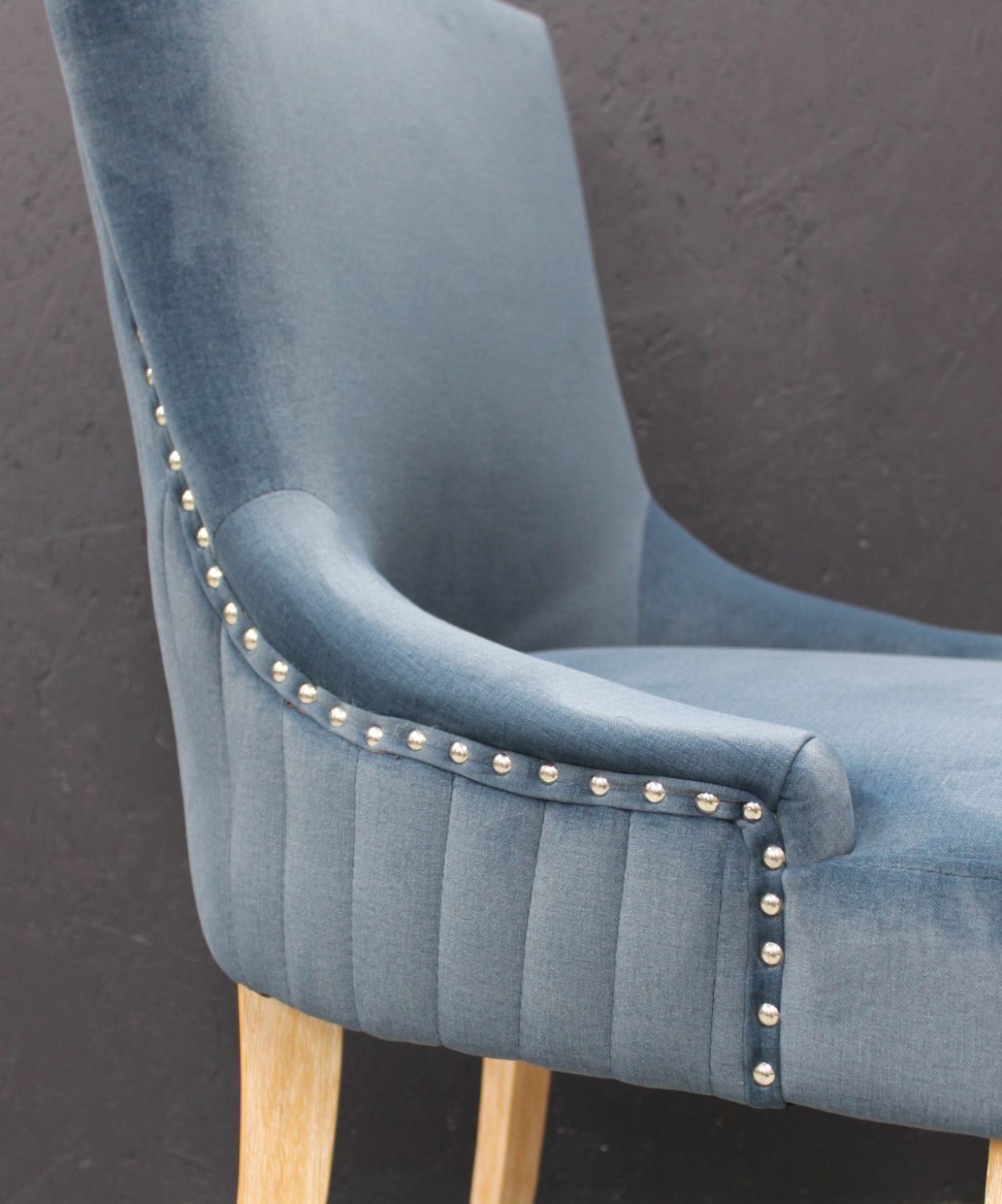 Modern Blue Velvet Upholstered Dining Chair with Limed Oak Legs