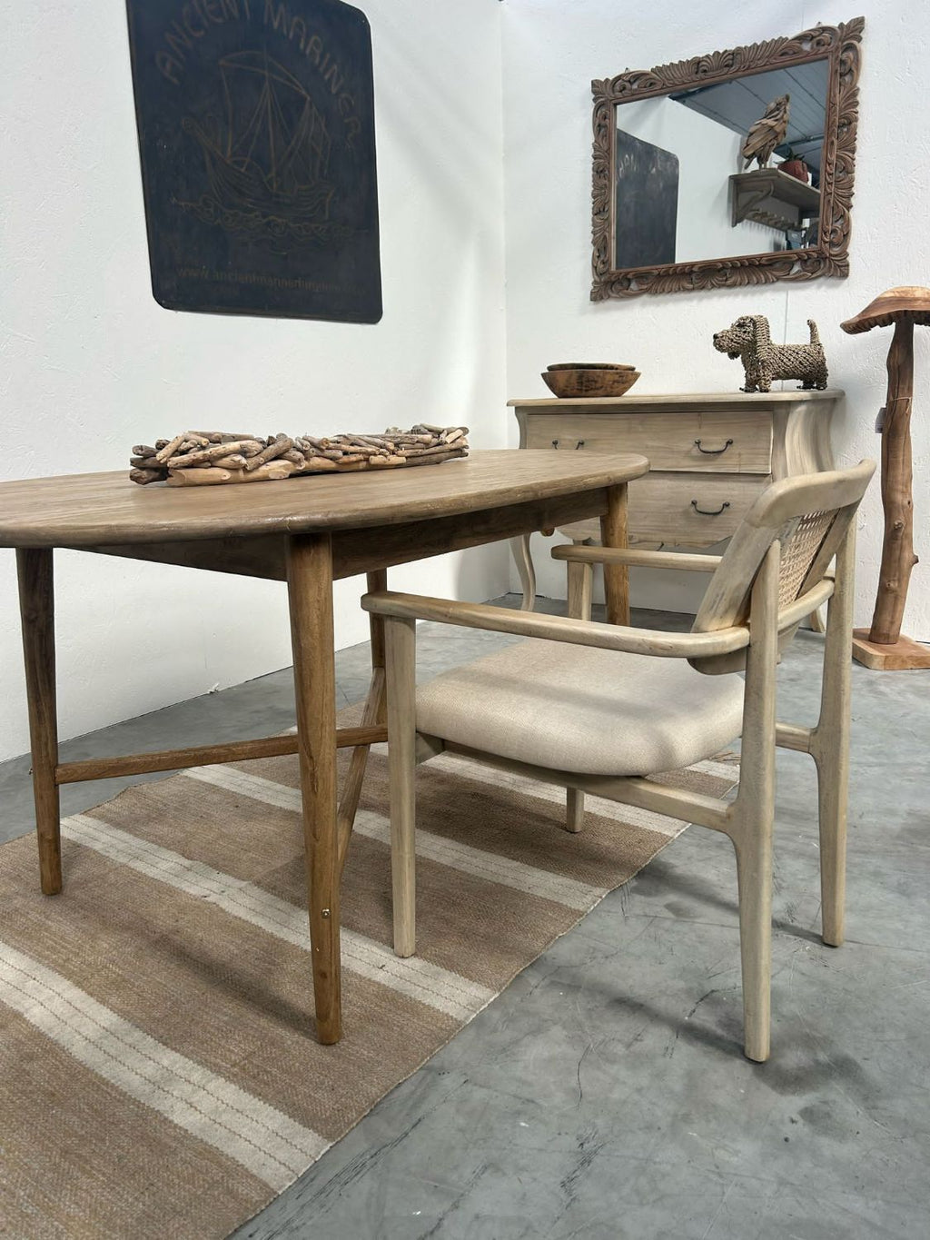 Natural Teak Wood Dining Chair with Rattan Backrest and Cushioned Seat