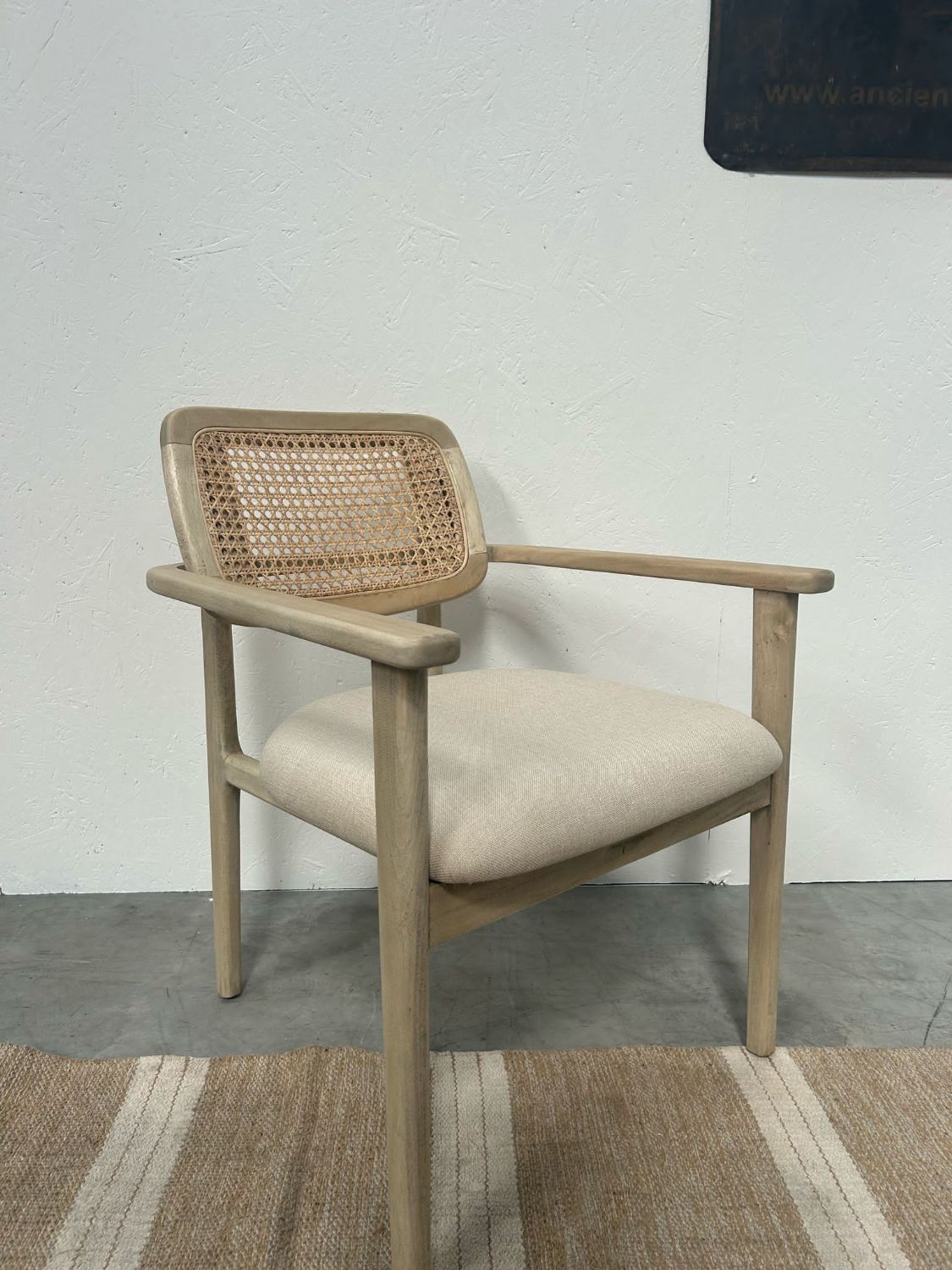 Natural Teak Wood Dining Chair with Rattan Backrest and Cushioned Seat