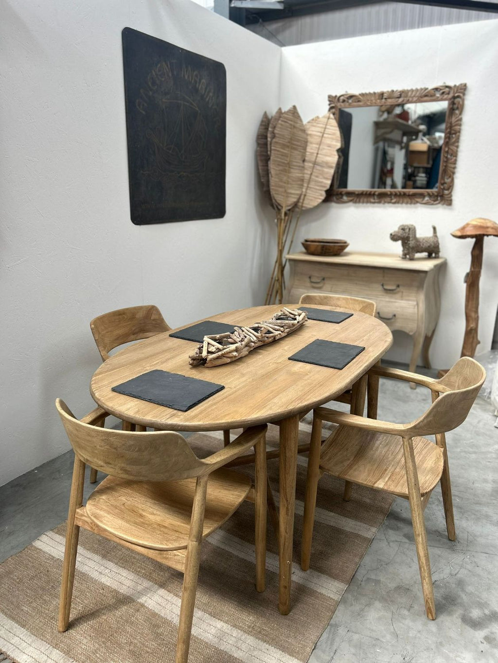 Modern Natural Teak Wood Curved Arm Dining Chair