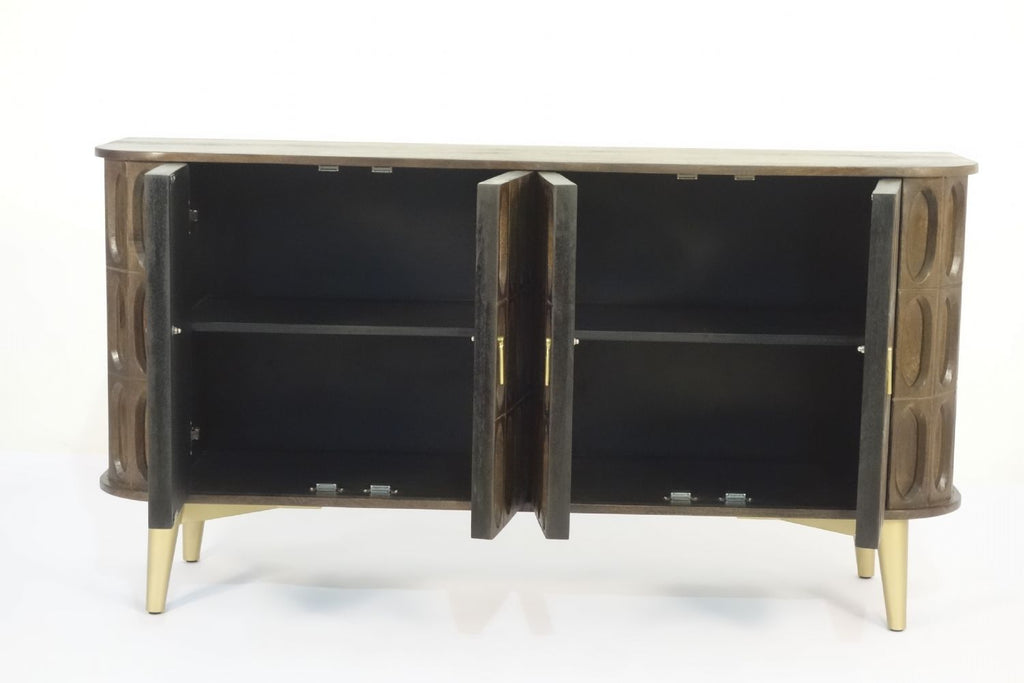 Artisan Mango Wood 4 Door Oval Carved Sideboard with Brass Legs