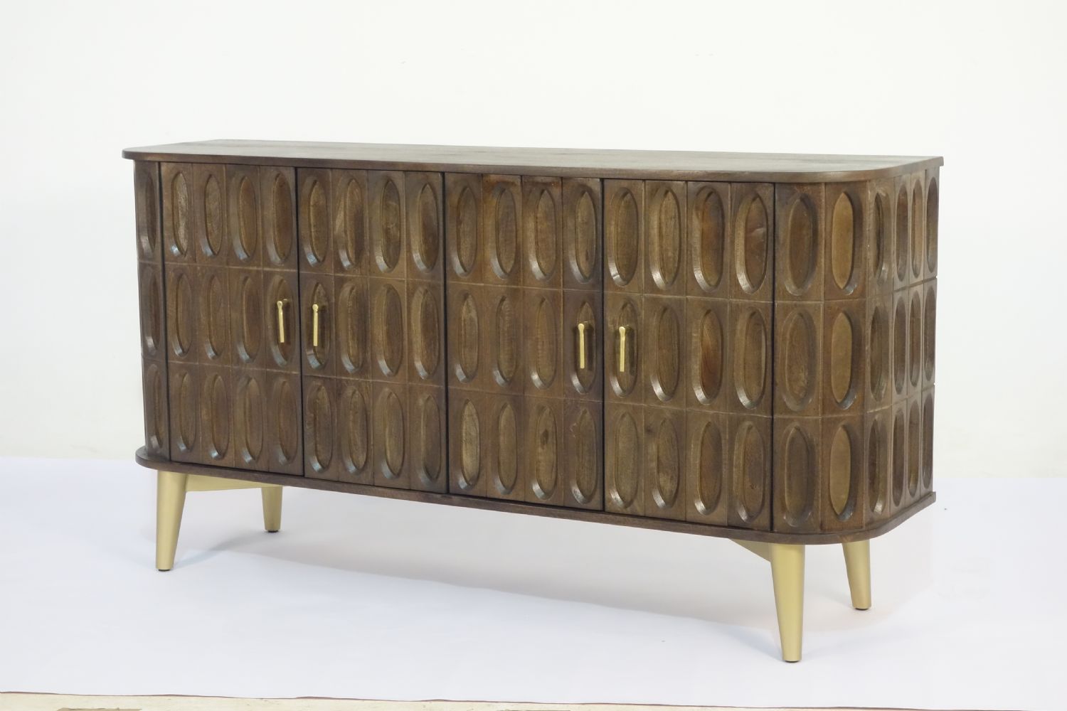 Artisan Mango Wood 4 Door Oval Carved Sideboard with Brass Legs