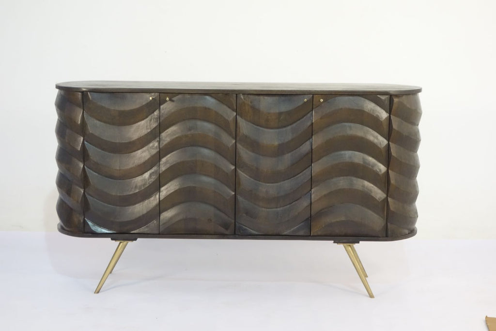 Dark Mango Wood 4 Door Wave Carved Sideboard with Brass Legs