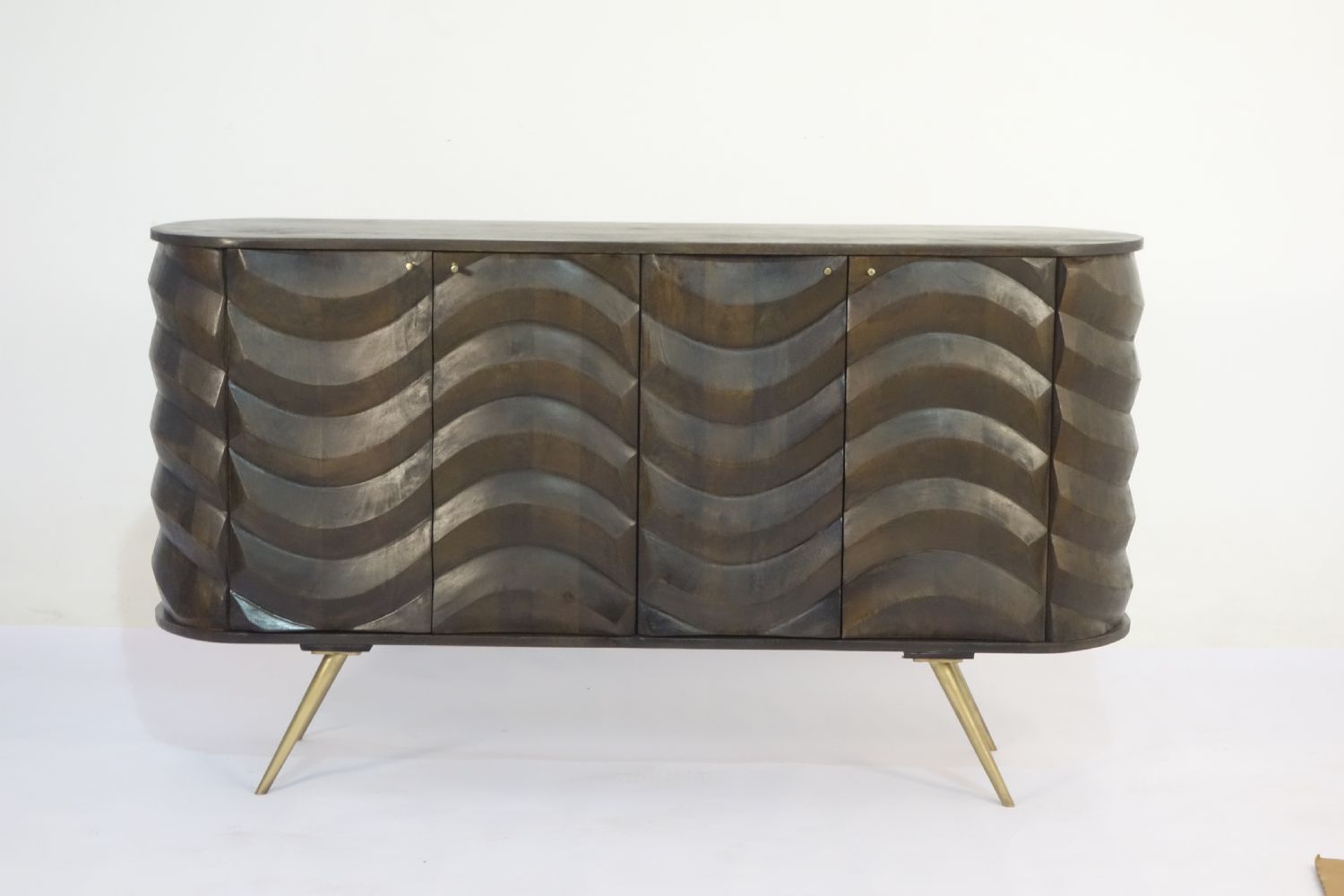 Dark Mango Wood 4 Door Wave Carved Sideboard with Brass Legs