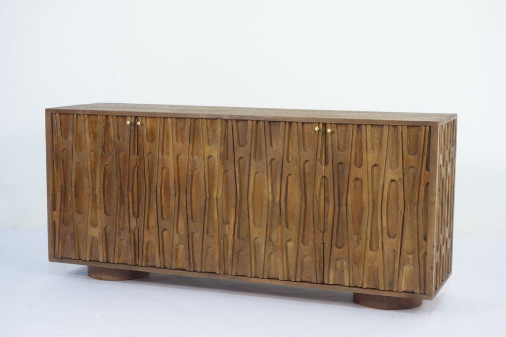 Retro Natural Mango Wood 4 Door Carved Sideboard with Plinth Base