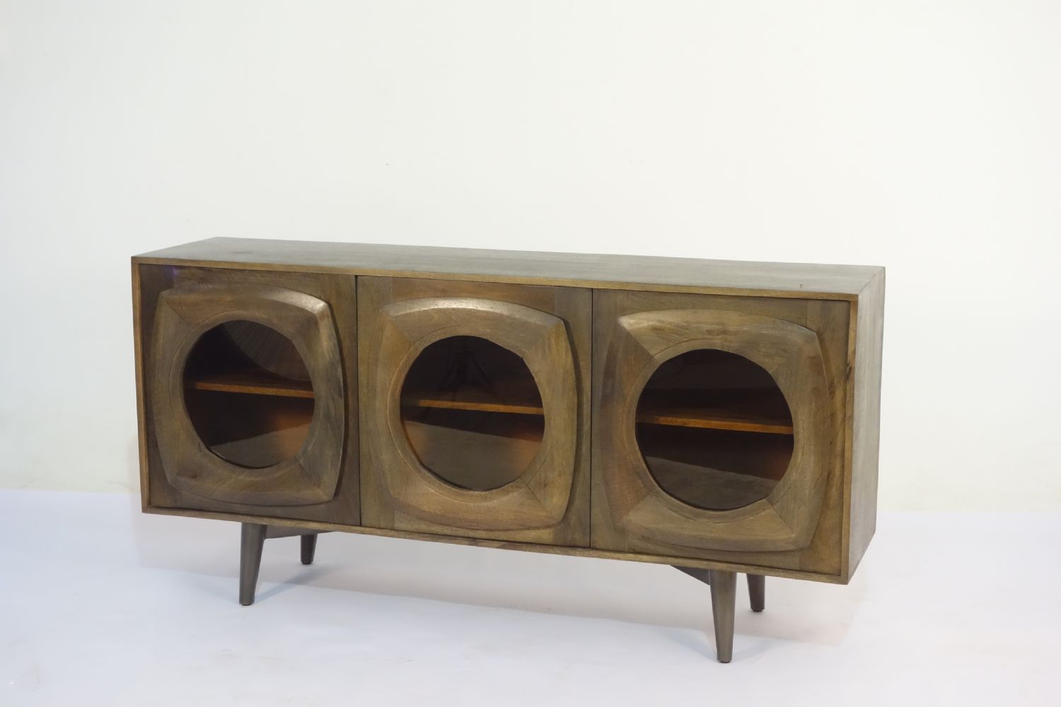 Modern Mango Wood 3 Door Curved Glass Front Sideboard