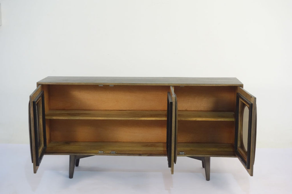 Modern Mango Wood 3 Door Curved Glass Front Sideboard