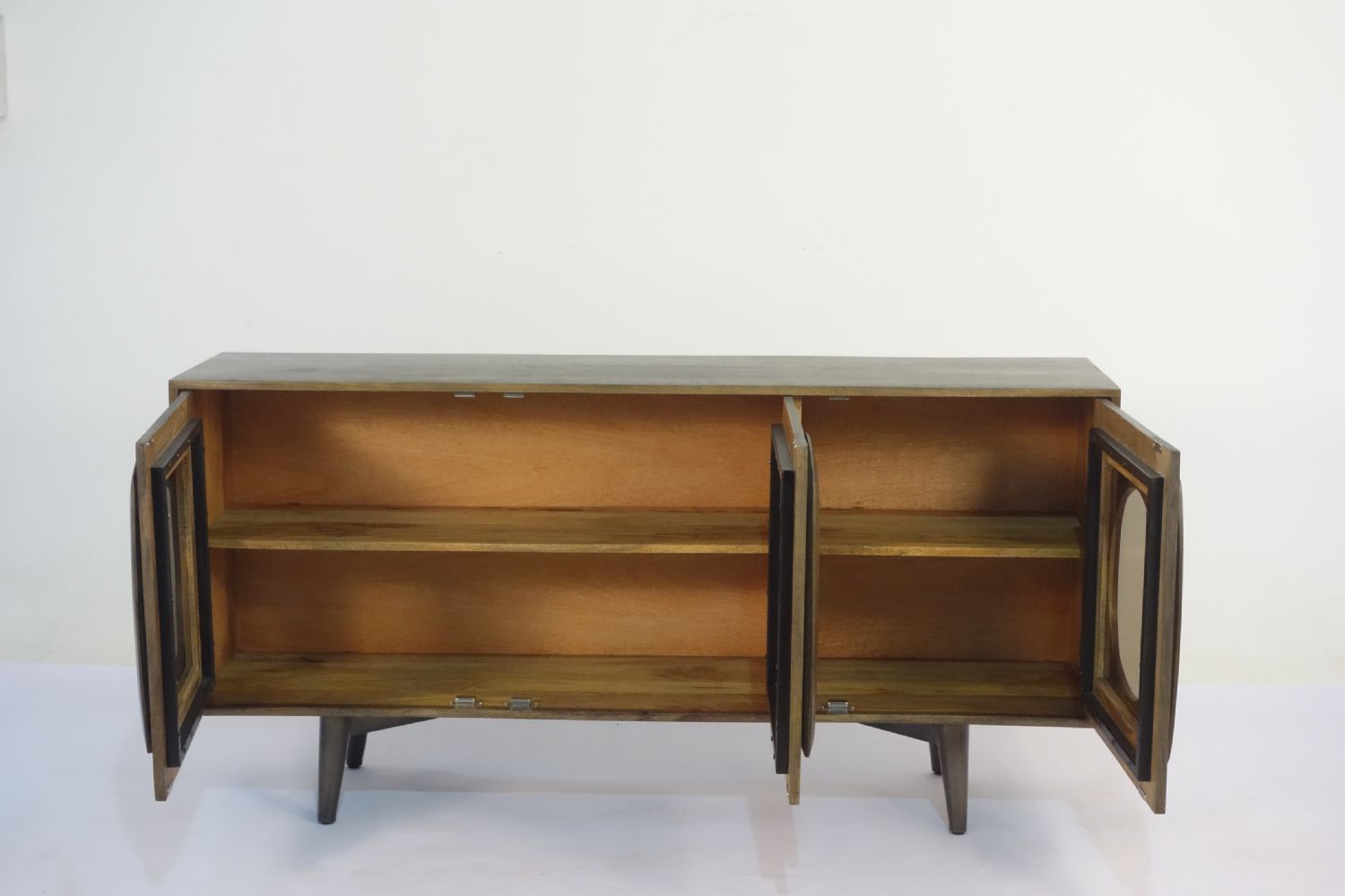 Modern Mango Wood 3 Door Curved Glass Front Sideboard