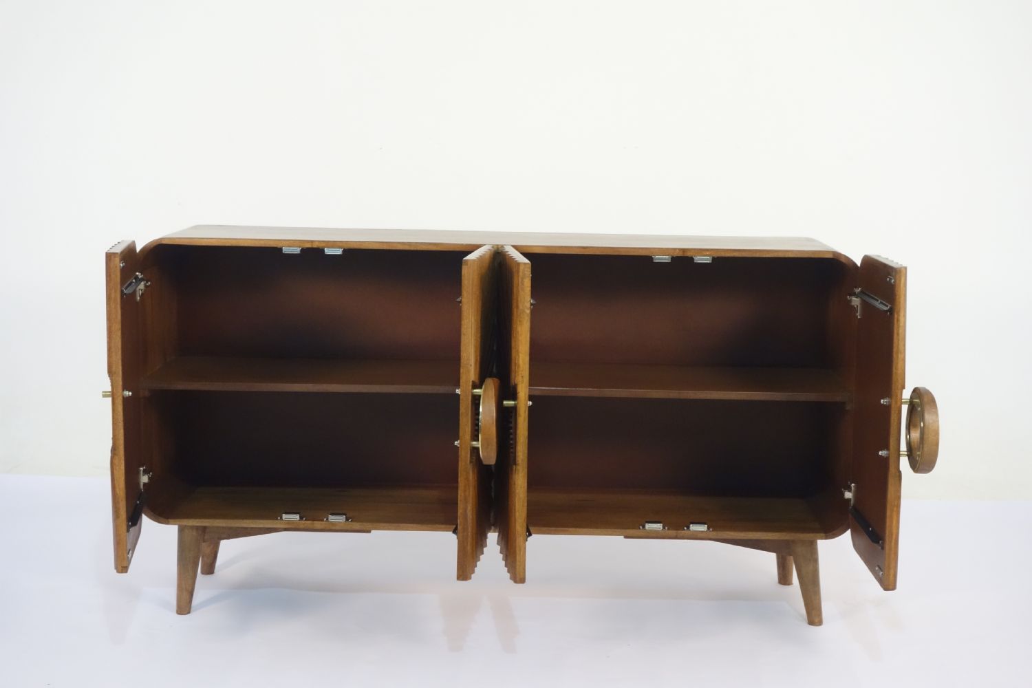 Retro Mango Wood 4 Door Sunburst Carved Sideboard with Tapered Legs