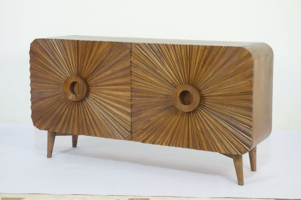 Retro Mango Wood 4 Door Sunburst Carved Sideboard with Tapered Legs