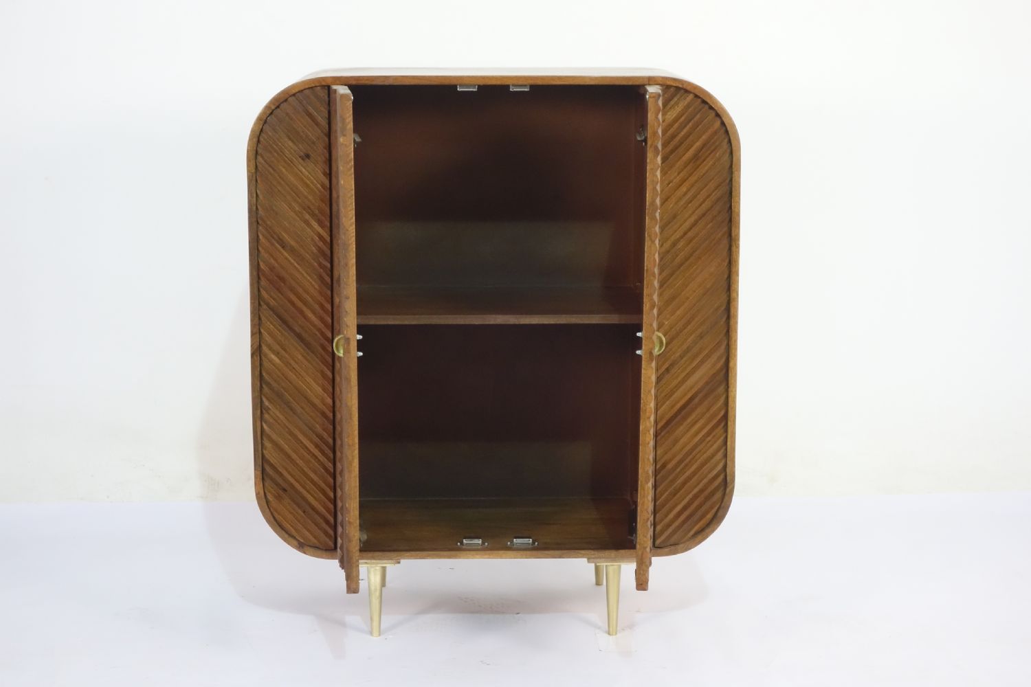 Retro Mango Wood 2 Door Chip Carved Cabinet with Brass Legs