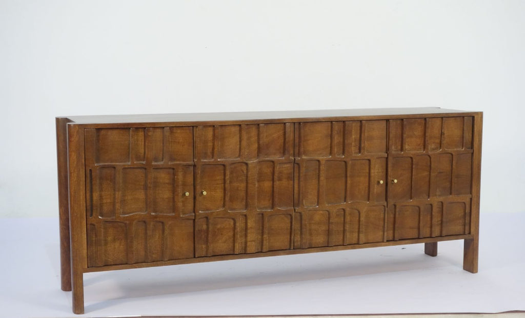 Traditional Mango Wood Geometric Detailing 4 Door Hand Carved Sideboard