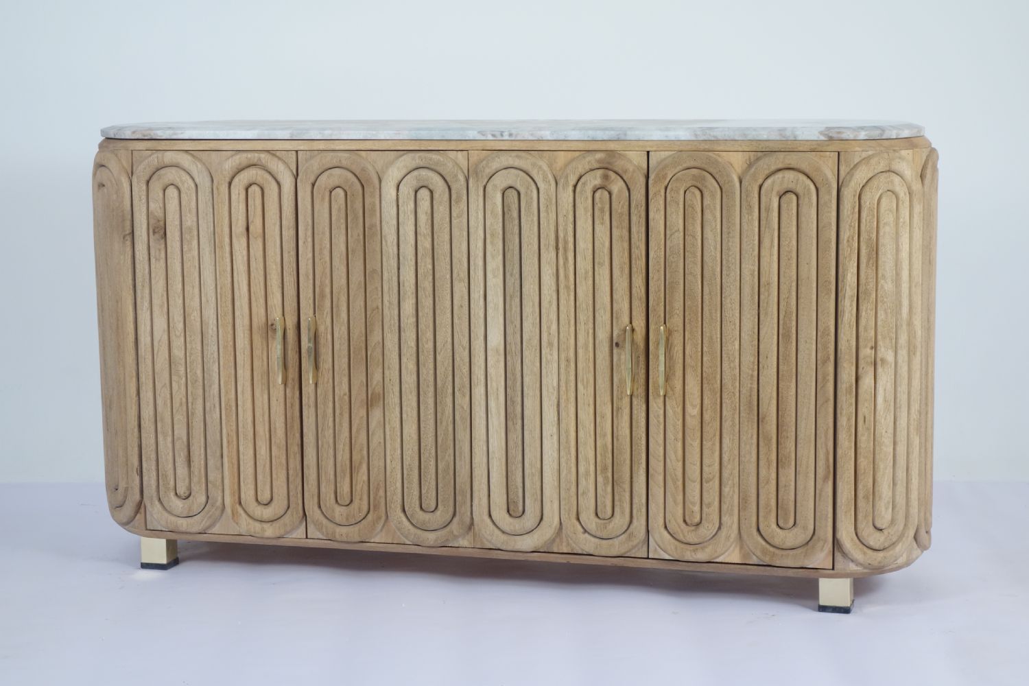 Natural Mango Wood Capsule Form Sideboard with White Marble Top