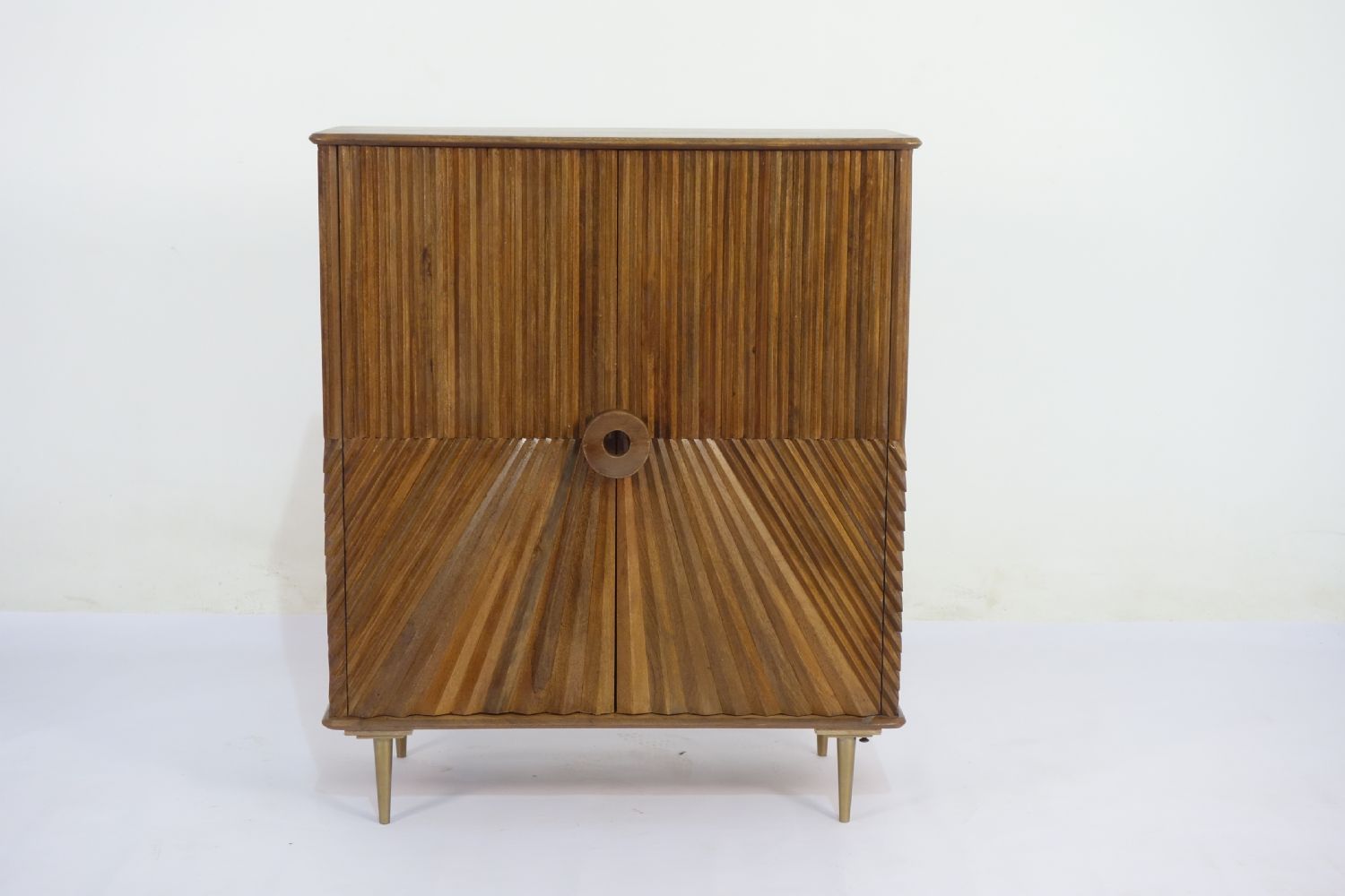 Traditional Mango Wood 2 Door Chip Carved Storage Cabinet with Brass Legs