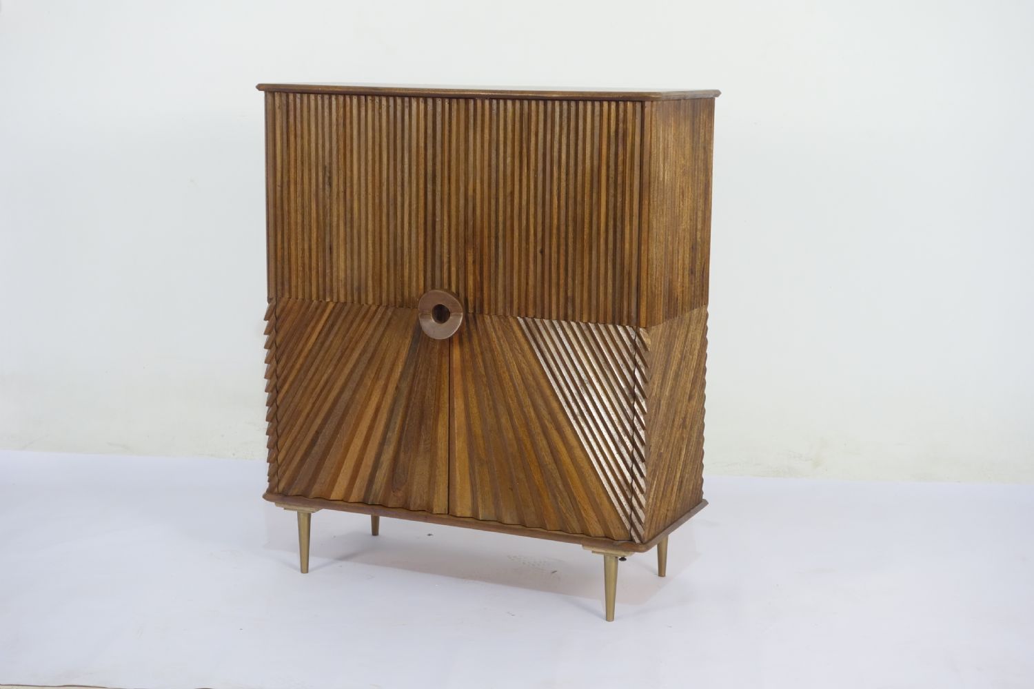 Traditional Mango Wood 2 Door Chip Carved Storage Cabinet with Brass Legs