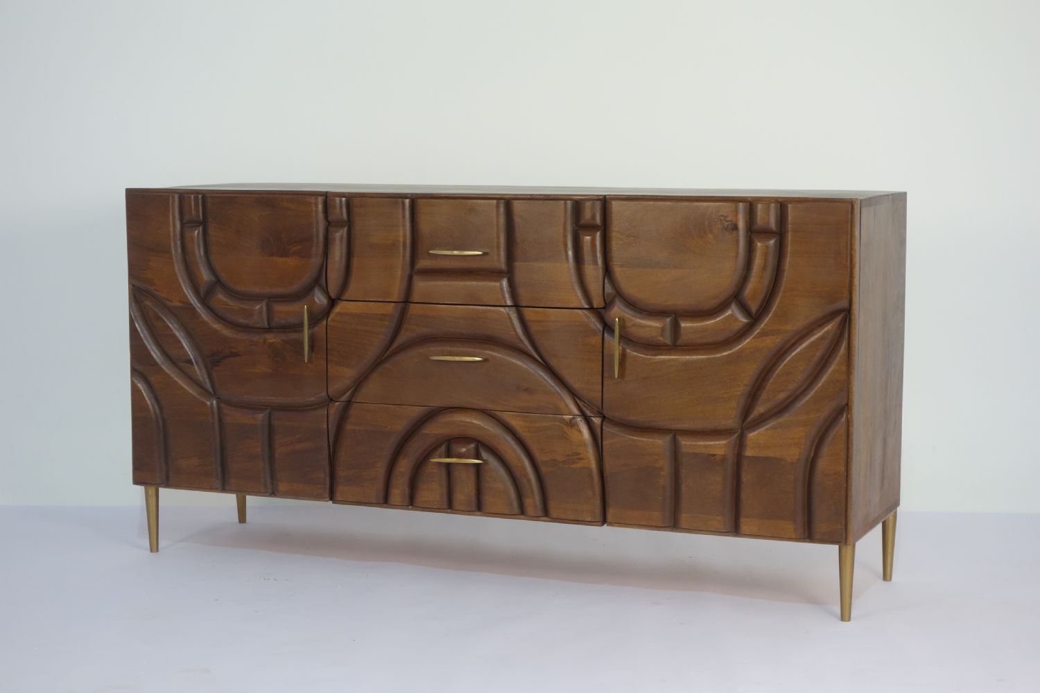 Modern Mango Wood 2 Door 3 Drawer Carved Sideboard with Tapered Legs