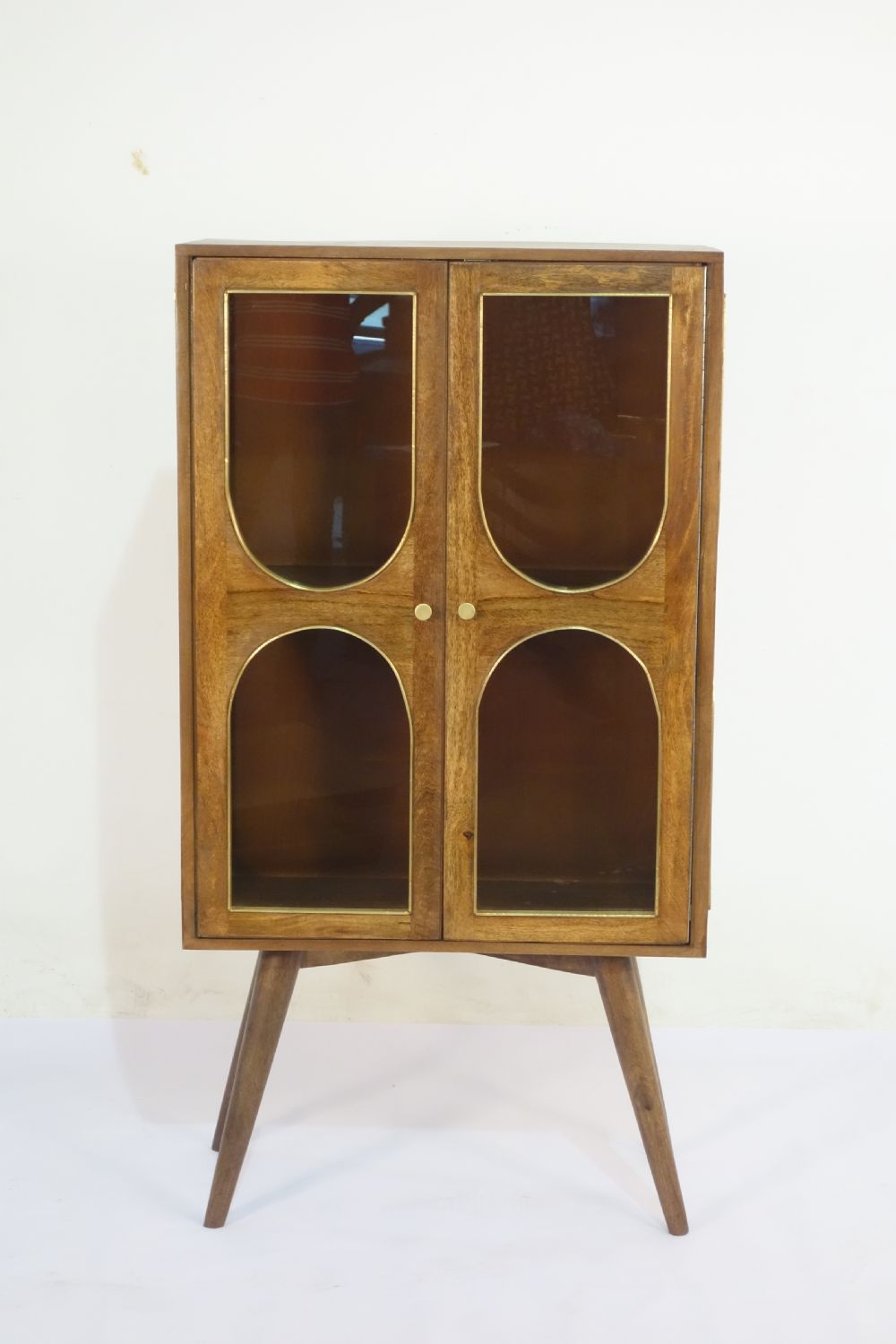 Traditional Mango Wood Arched Panel 2 Door Glass Display Storage Cabinet