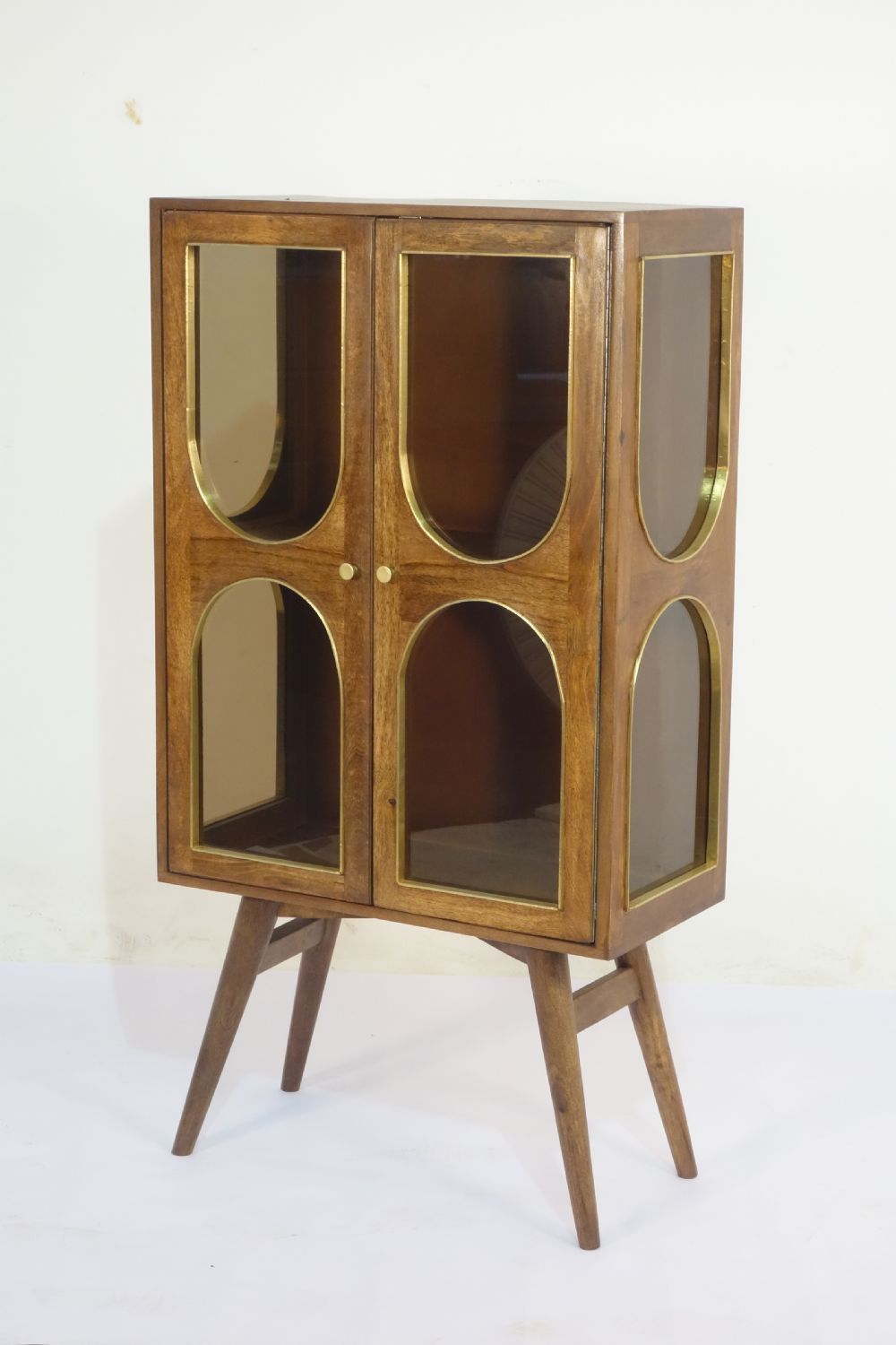 Traditional Mango Wood Arched Panel 2 Door Glass Display Storage Cabinet