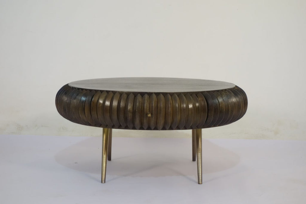 Solid Mango Wood Capsule 2 Drawer Coffee Table with Brass Finish Legs