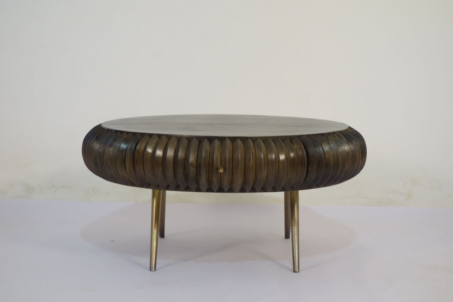 Solid Mango Wood Capsule 2 Drawer Coffee Table with Brass Finish Legs