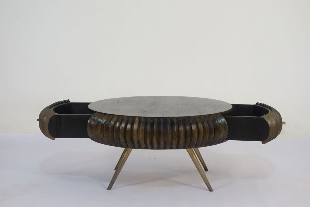 Solid Mango Wood Capsule 2 Drawer Coffee Table with Brass Finish Legs