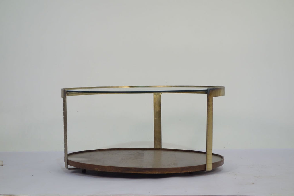 Industrial Metal Round Glass Top Coffee Table with Wooden Tray Base