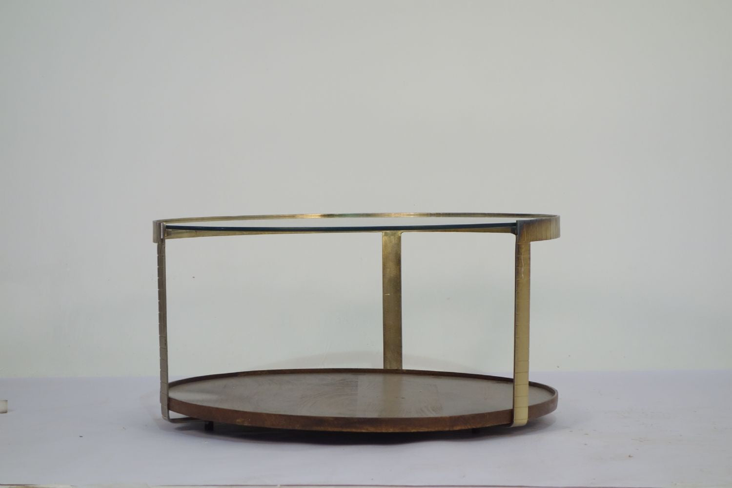 Industrial Metal Round Glass Top Coffee Table with Wooden Tray Base