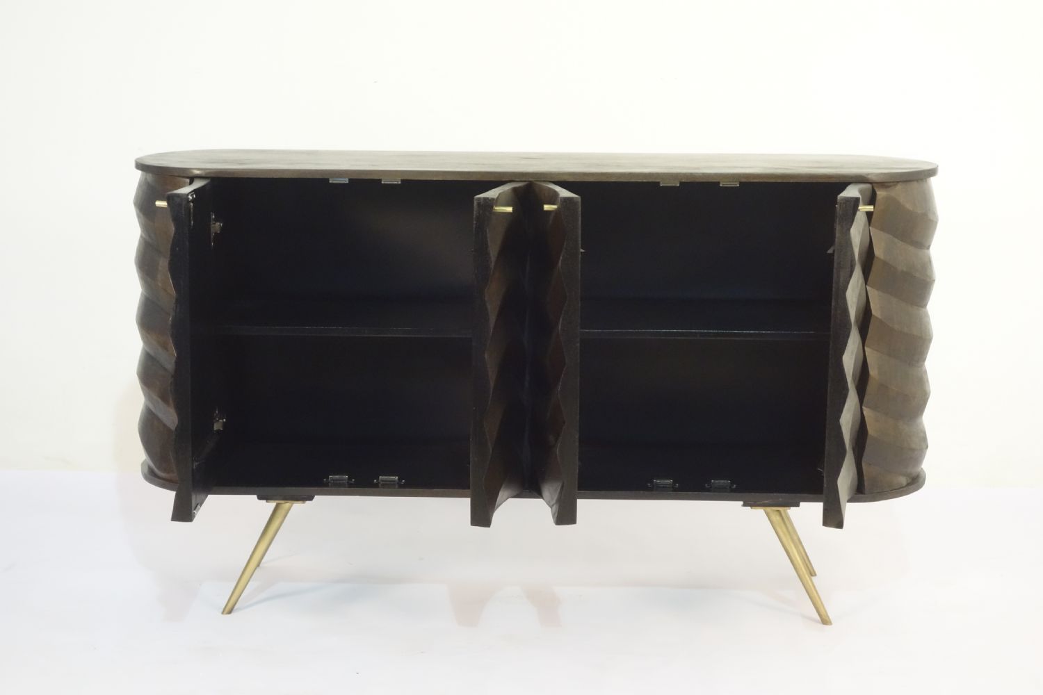 Dark Mango Wood 4 Door Wave Carved Sideboard with Brass Legs