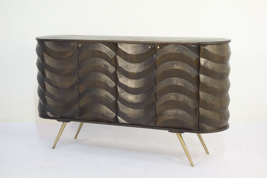 Dark Mango Wood 4 Door Wave Carved Sideboard with Brass Legs