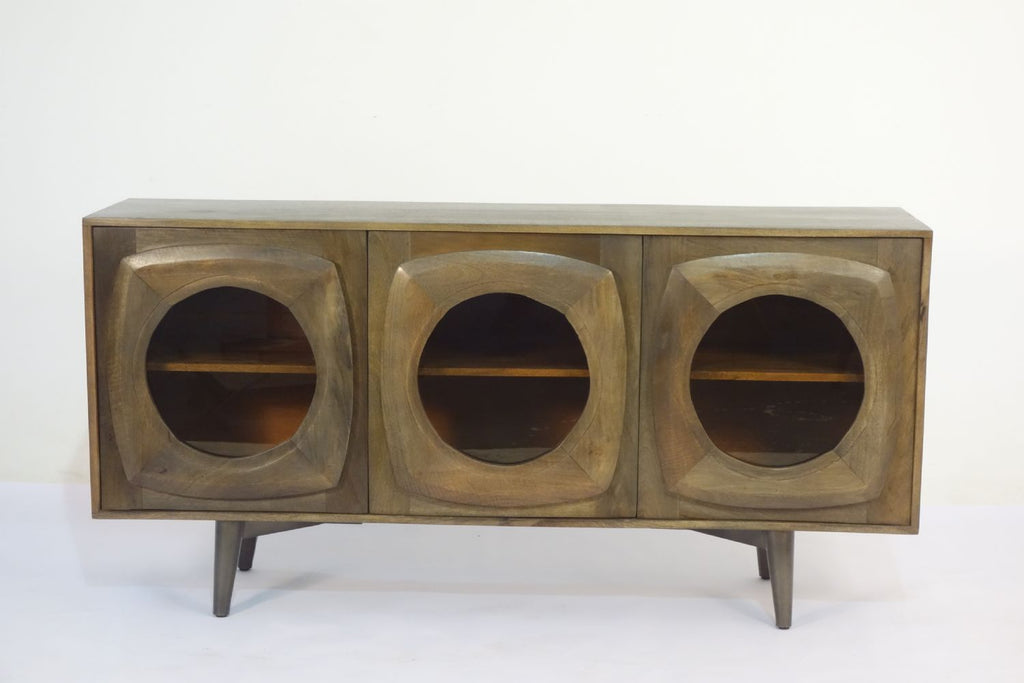 Modern Mango Wood 3 Door Curved Glass Front Sideboard