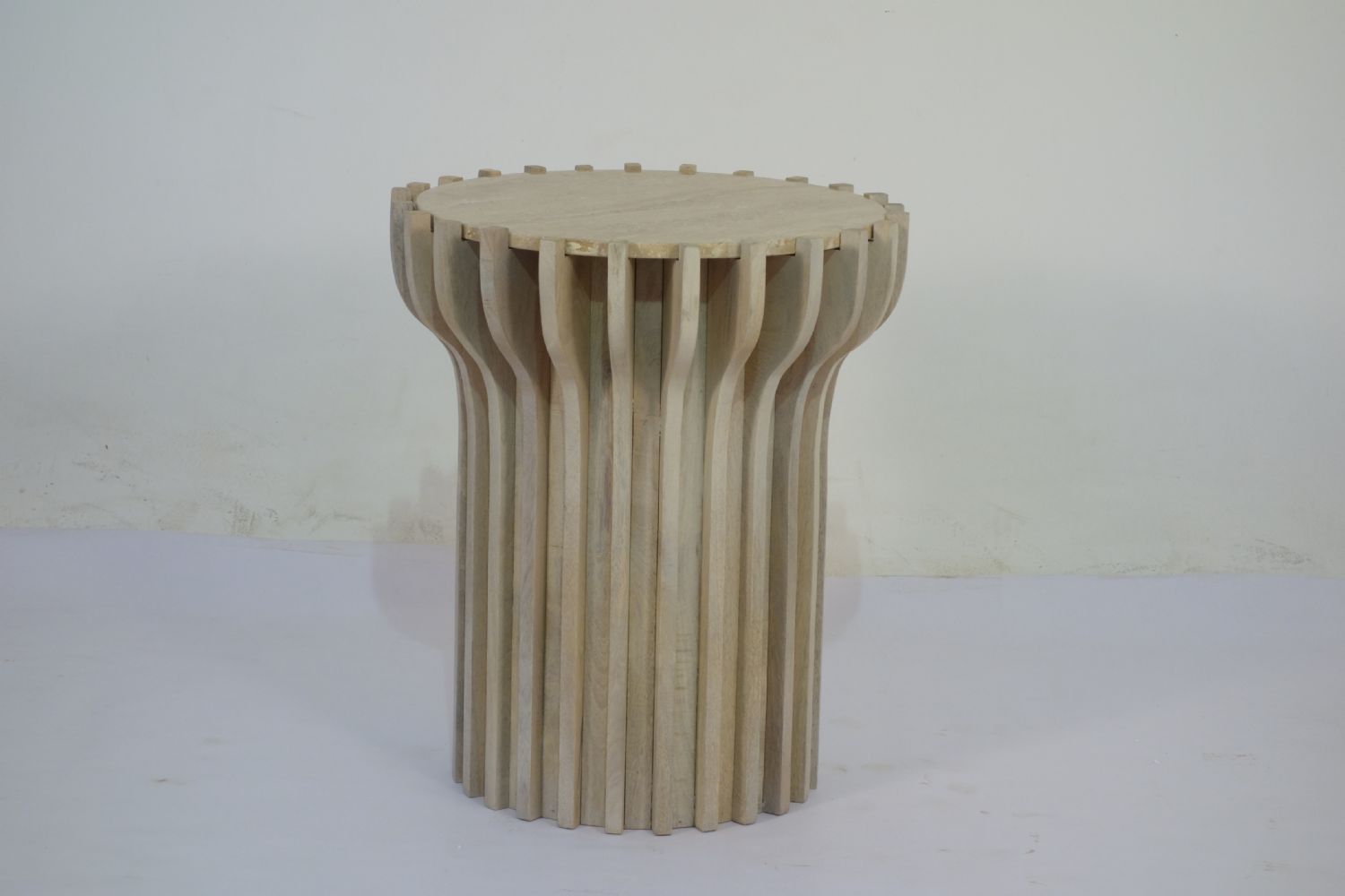 Modern Natural Wooden Striped Design Side Table with Marble Top