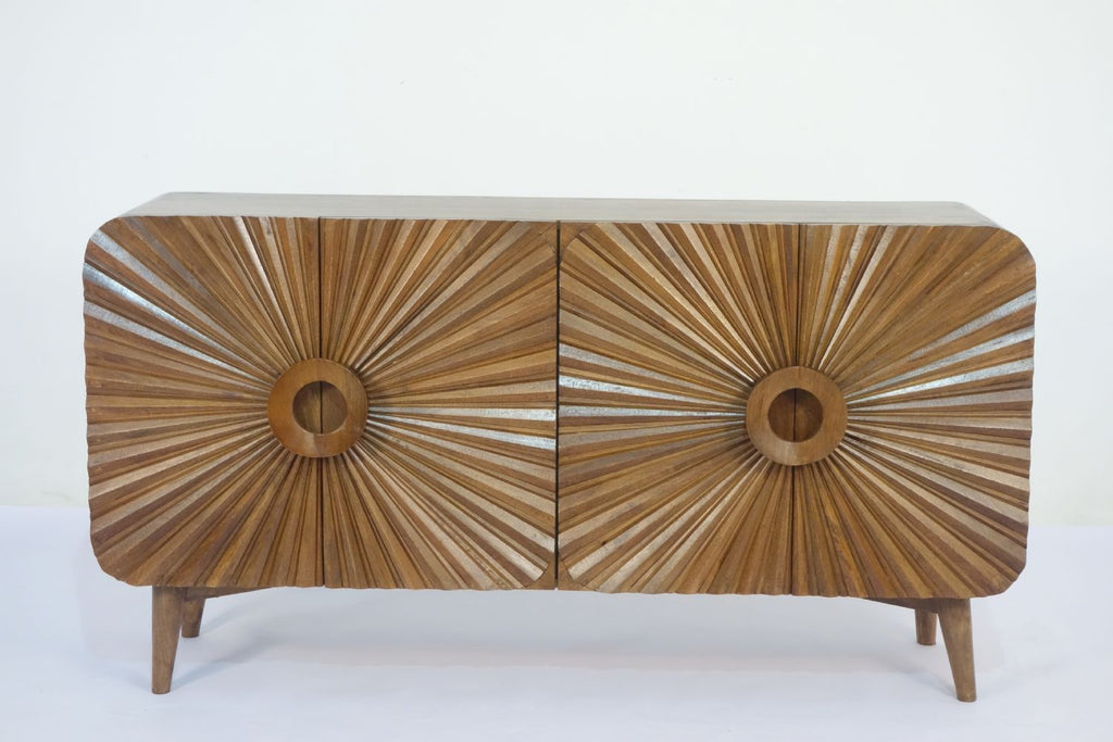 Retro Mango Wood 4 Door Sunburst Carved Sideboard with Tapered Legs