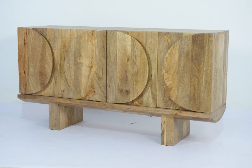 Traditional Mango Wood 4 Door Oval Carved Sideboard with Linear Base