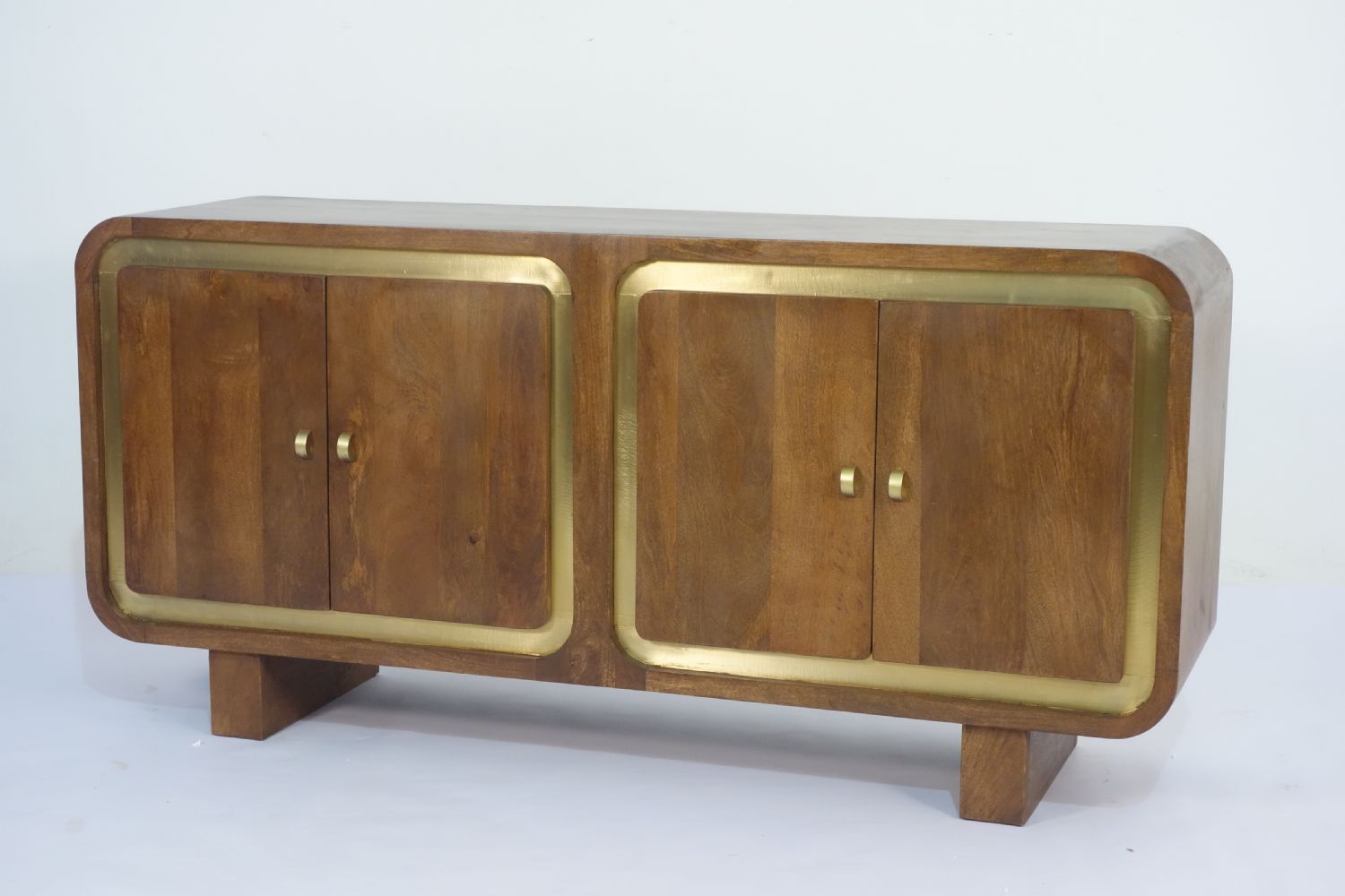 Modern Mango Wood 4 Door Sideboard with Brass Trim and Raised Block Base