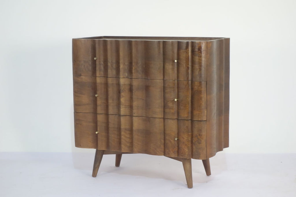 Natural Mango Wood White Marble Top 3 Drawer Fluted Cabinet