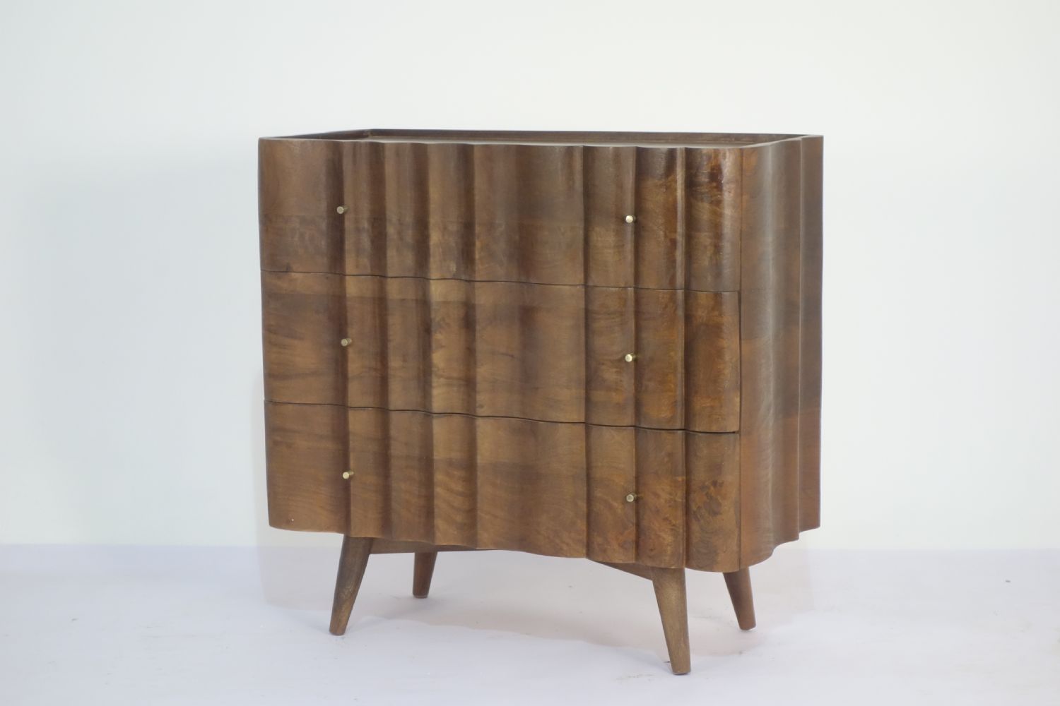 Natural Mango Wood White Marble Top 3 Drawer Fluted Cabinet