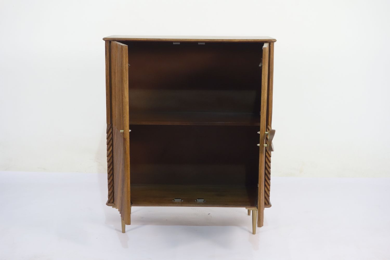 Traditional Mango Wood 2 Door Chip Carved Storage Cabinet with Brass Legs