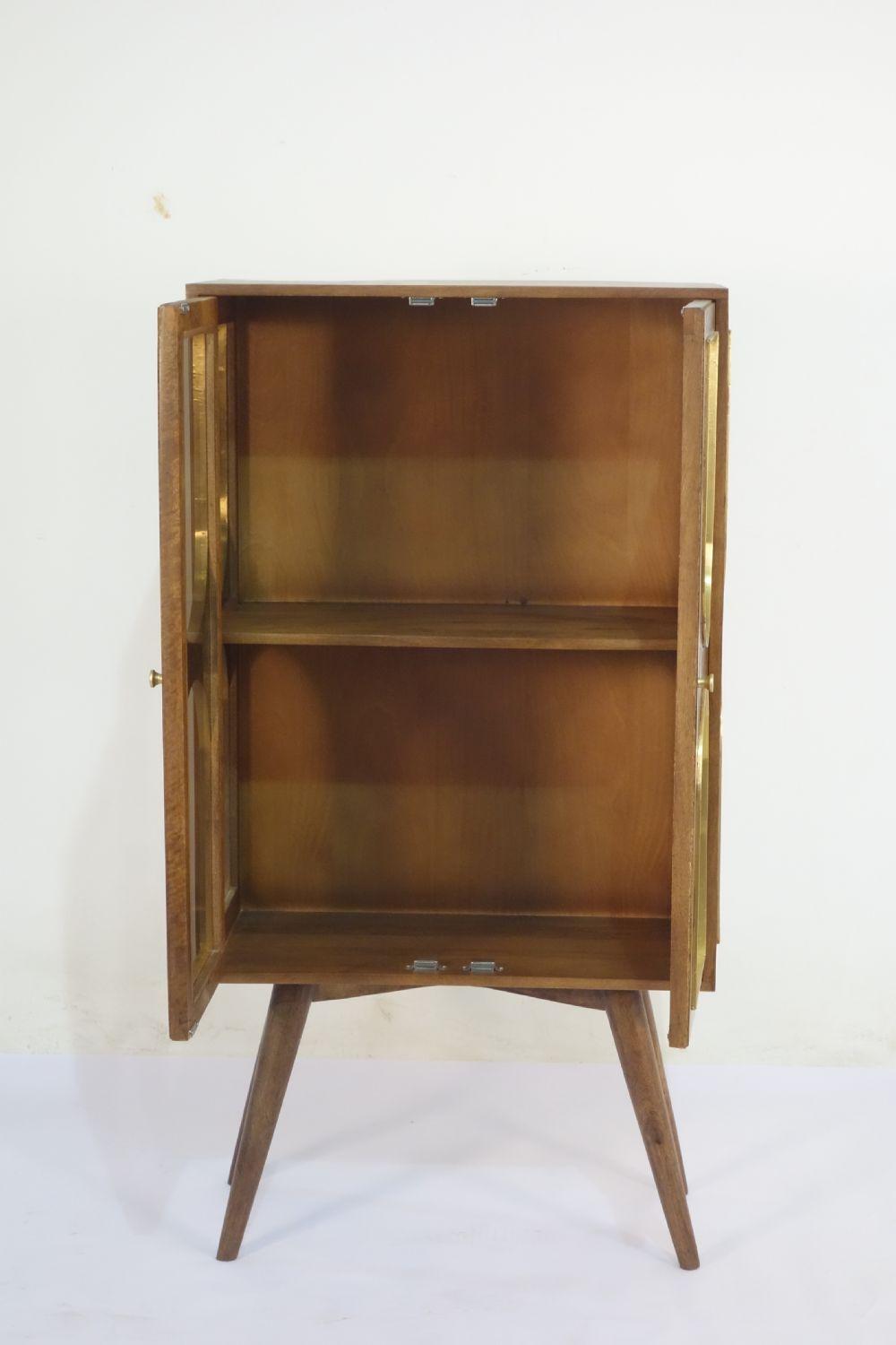 Traditional Mango Wood Arched Panel 2 Door Glass Display Storage Cabinet